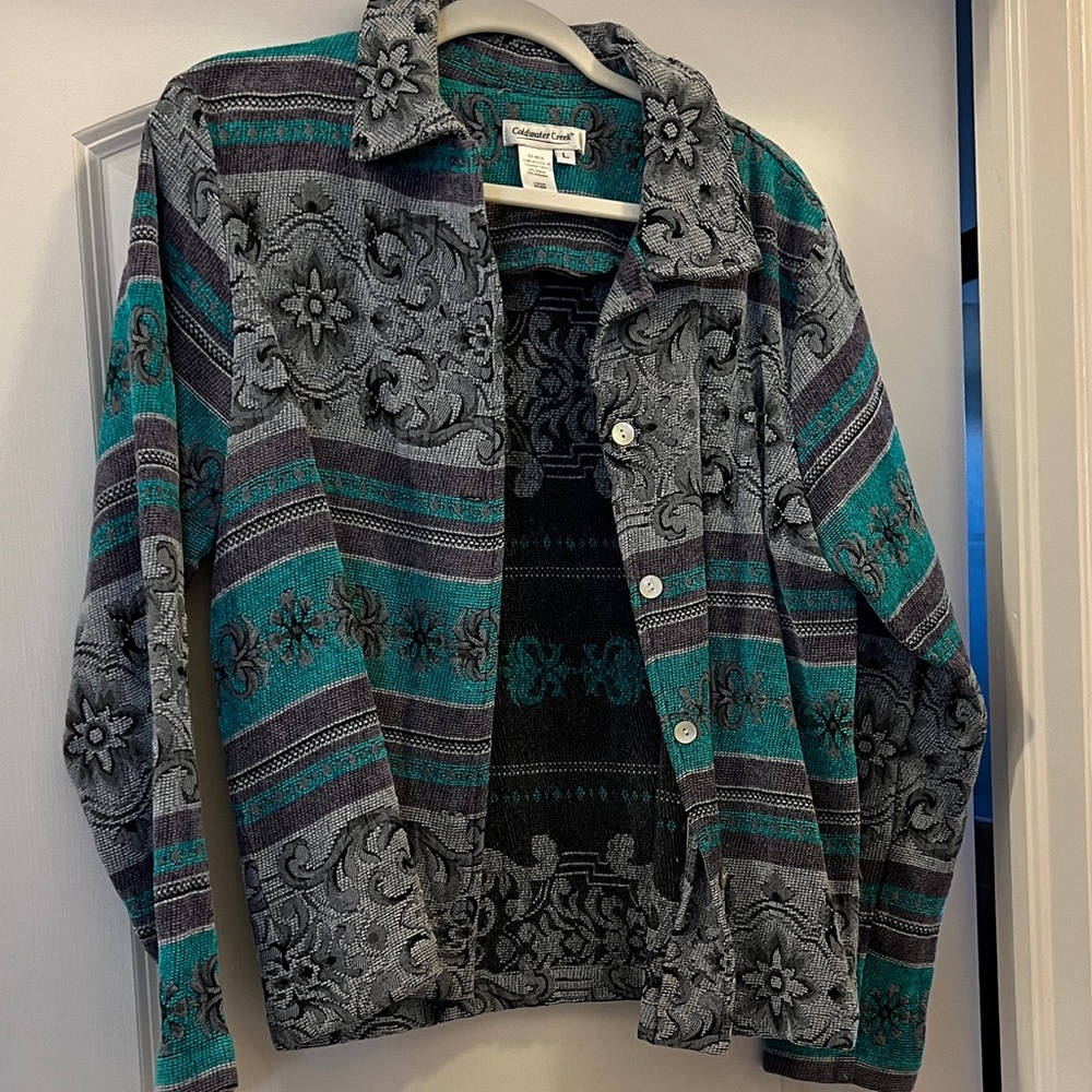 Coldwater Creek Teal and Gray Floral Jean Jacket